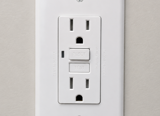 A GFCI outlet installed in a wall that has been tripped