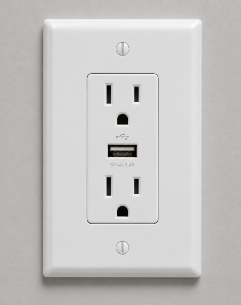 Outlet installed in the wall with two normal plugs and a usb plug